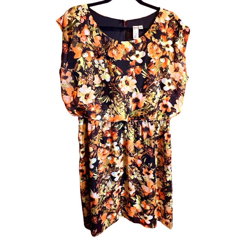 Emma & Michele Floral Dress Women XL Orange Good Elastic Waist Cap Sleeve